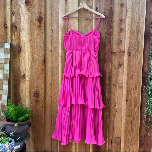 Hot Pink Bustier Pleated Tiered Chiffon Midi Dress 🌿 - Picture 6 of 12
